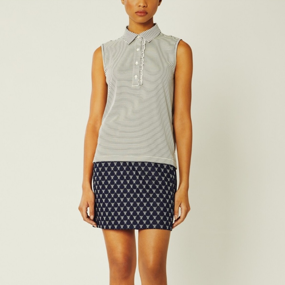 Tory Burch PERFORMANCE STRIPED SLEEVELESS RUFFLE POLO XS White Navy Stripe